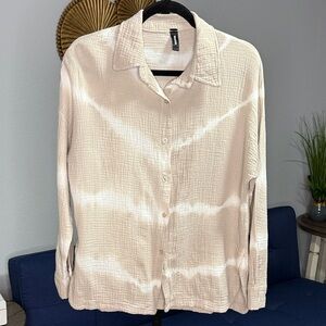 Venti6 Beige Tie-dye Button-Up Gauze Cotton Long Sleeve Shirt